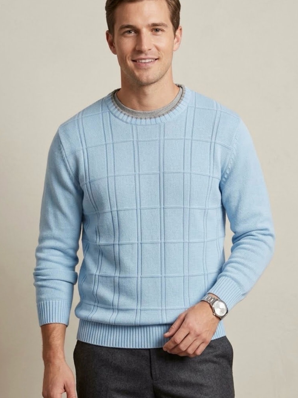 Vintage Tricots St. Raphael Light Blue Windowpane Knit Sweater - L #552